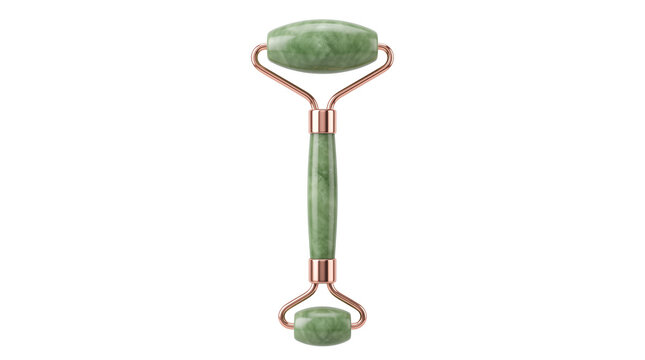 Green jade face roller with rose gold metal frame, natural stone facial massage tool for skincare routine, beauty accessory on white background