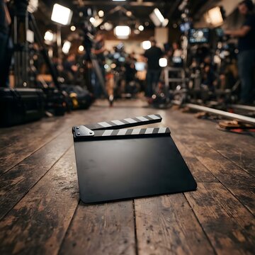 영화 제작 현장이나 방송 스튜디오 바닥에 놓인 슬레이트와 전문 촬영 장비들
Slate and professional shooting equipment placed on the floor of a film production set or broadcasting studio