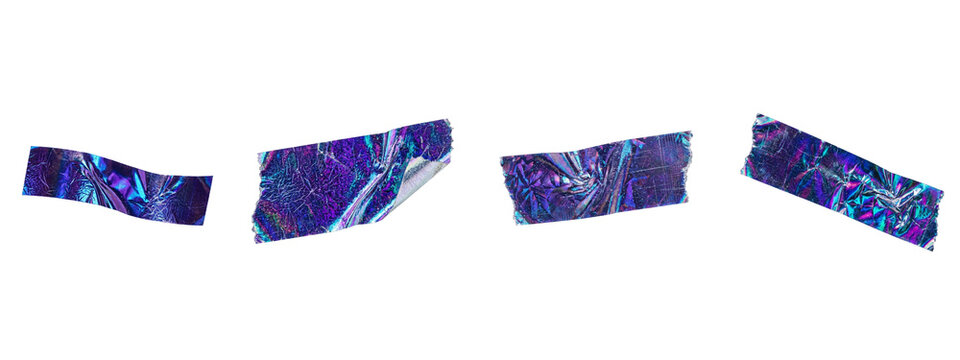 Set of holographic adhesive tape strips on transparent background