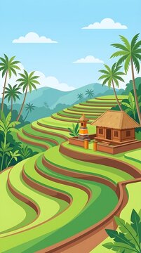 A vibrant, flat-style vector illustration depicting a peaceful and idyllic Balinese-inspired rice terrace landscape.