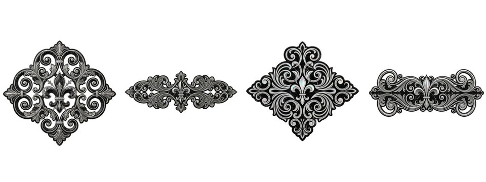 Set of ornate silver filigree decorative elements on transparent background