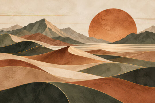 Boho Desert Mountain Landscape with Terracotta Sun and Layered Dunes