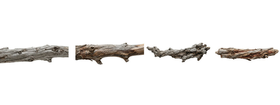 Set of weathered dry tree branches and wooden logs isolated on transparent background