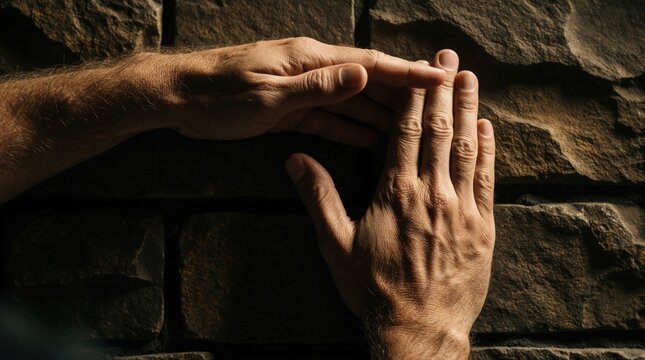 Male hands form timeout signal against textured stone wall indoors. Hands communicate pause or break. Gesture for stopping play, decision, or rest. Man uses fingers to show need for time.