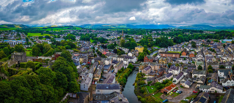 Cockermouth Town View with Historic Churches in Lake District Cumbria England