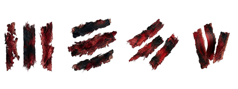 Torn red wood bark strips arranged on transparent background