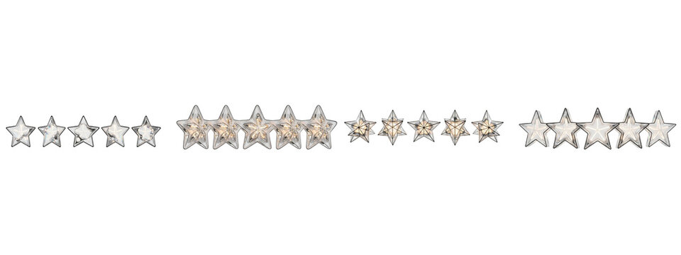 Transparent glass star rating symbols isolated on transparent background