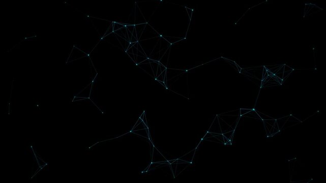 Abstract digital network of glowing blue nodes and connecting lines moving across a dark black background space with complex digital