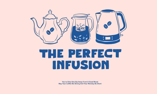 Blue line art of a teapot, tea infuser, and electric kettle with coffee bean accents.