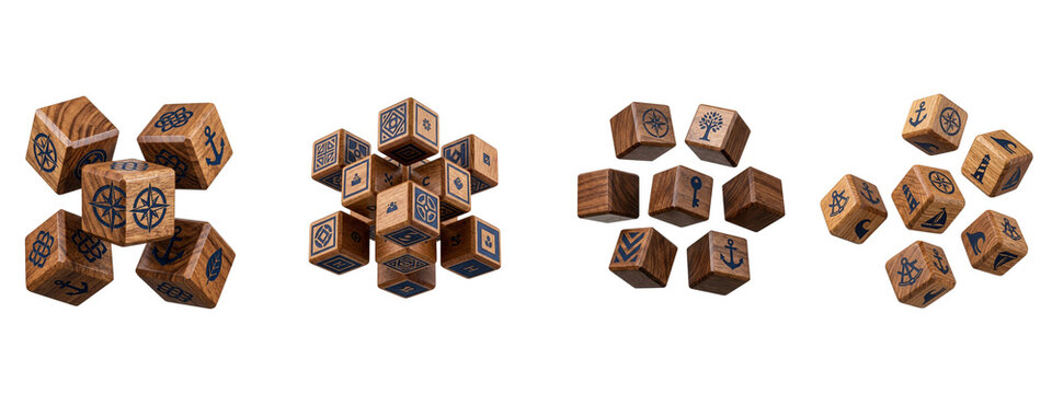 Wooden cubic blocks featuring engraved navigational and geometric symbols arranged on transparent background