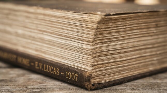Close-up of an old, weathered book with visible pages and spine detail.
