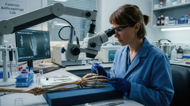Forensic Anthropologist Examines Skeletal Remains Under Microscope In Lab