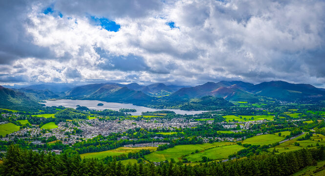 Derwent Water Panorama with Lakeland Fells in Lake District Cumbria England