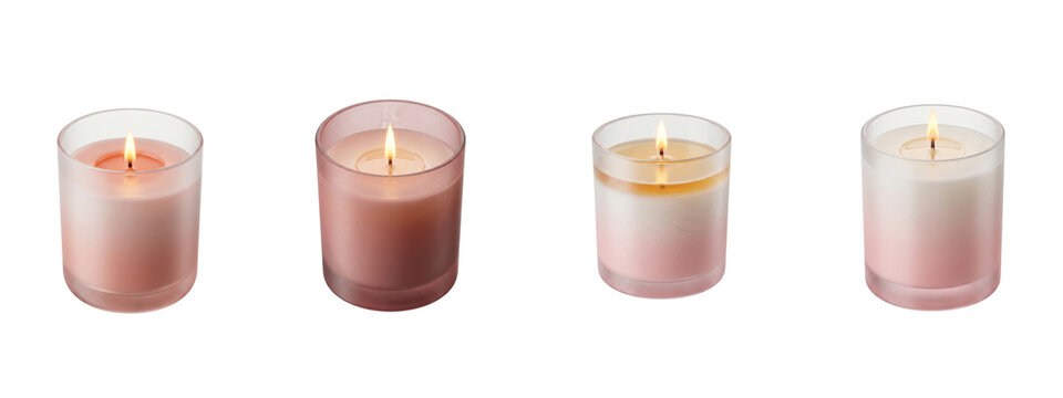Burning scented candles in glass jars on transparent background