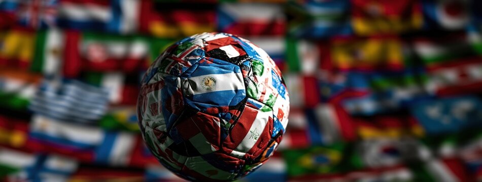 Soccer ball with world flags on background