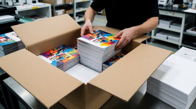 Worker packs printed brochures into cardboard box. Stacks of colorful printed materials ready for distribution in a commercial print shop. Order fulfillment and logistics process.