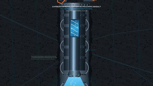 Detailed animation showing the scientific process of carbon mineralization in volcanic basalt where injected carbon dioxide solidifies into permanent rock