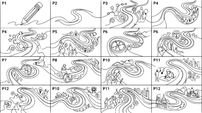 Storyboarding Process: Pencil Drawing a Creative Journey with Ideas and Milestones
