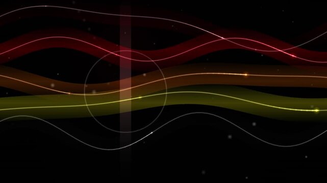 Luminous waveforms form a looping overlay of red and yellow light trails across a dark abstract background