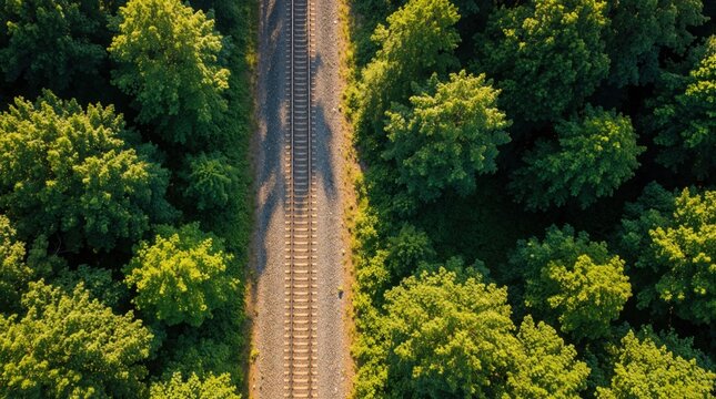Aerial view of train tracks cutting through dense green forest. Sunlight dapples the path from above, showing nature and transport contrast.