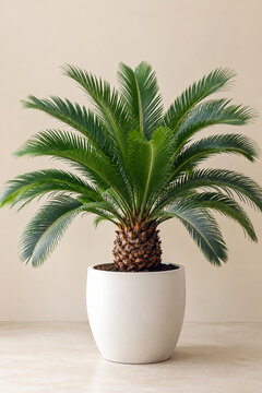 Realistic high-resolution photography of a healthy Cycas revoluta, also known as sago palm, growing in a minimalist white ceramic pot, lush dark green feather-like fronds, clean beige background