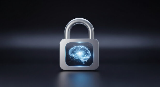 Digital security concept showing a padlock with a glowing human brain symbol protecting data on dark background