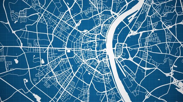 Ink reveal animation of Cologne (K&ouml;ln) city, state of North Rhine-Westphalia, Germany, grid map. Aerial top view. Blueprint style. White lines with blue background. 4K Seamless loop.