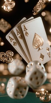 White playing cards and dice with gold accents