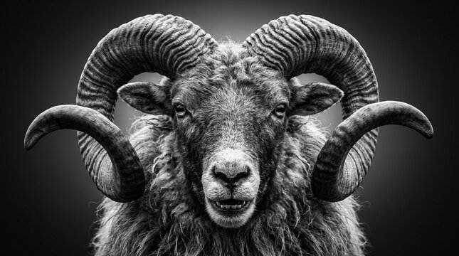 Ram head portrait in black and white with curved horns with open mouth photography wildlife zoology animal mammal nature sheep face