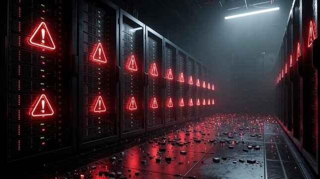 Server room with blinking red warning lights signals critical failure and system outage. Damaged tech equipment litters floor in dimly lit data center during crisis.
