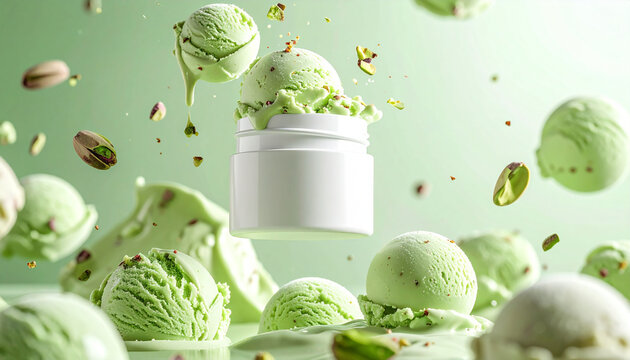 A delightful pistachio ice cream explosion with scattered nuts and artistic swirls against a soft green backdrop