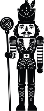 Black and white silhouette of a traditional wooden nutcracker soldier holding a staff, isolated on a white background, for christmas holiday decor
