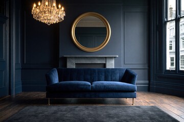 Obraz premium Luxury living room with blue velvet sofa and