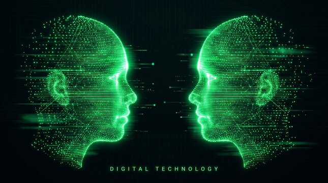 Two green digital human faces facing each other on black background with technology with communication connection futuristic interface virtual with profile