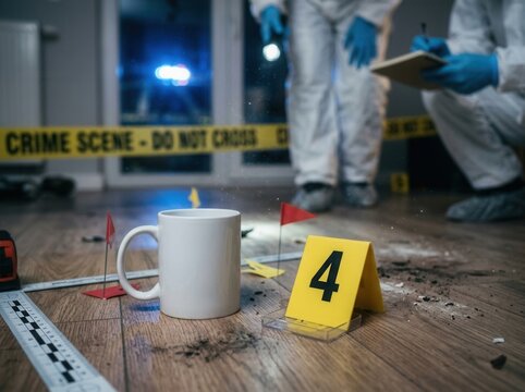 Crime Scene Investigation With Mug And Evidence Markers