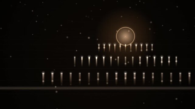 An elegant abstract loop background overlay of rhythmic illuminated bars cascading downward toward a glowing celestial sphere surrounded by scattered stars against a dark infinite void