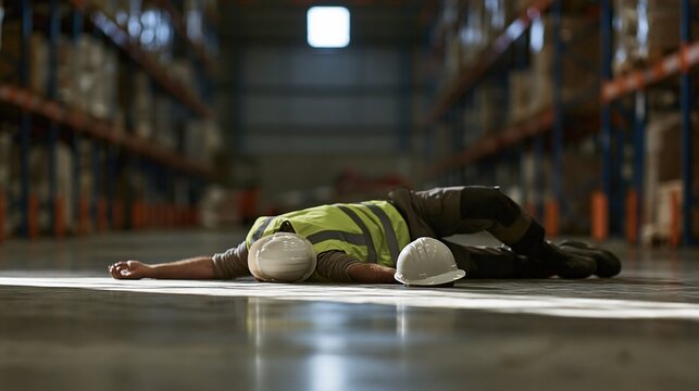 Injured construction worker lying unconscious on warehouse floor