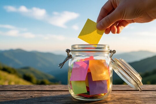 Hand places bright paper note into glass jar with colorful papers. Jar sits on wood table with mountain background. Outdoor nature finance planning.