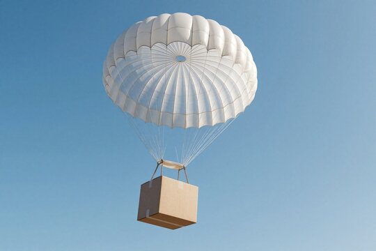 Cardboard delivery box hangs from white parachute in clear blue sky. Cargo package drops via air freight for emergency aid remote logistics. Fast shipping service flies parcel through air for quick