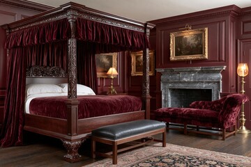 Obraz premium Luxurious red bedroom with ornate canopy bed and