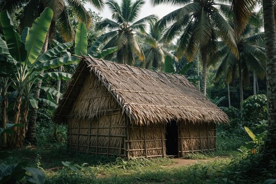 Rural straw hut nestled among lush tropical palms and banana plants. Simple native dwelling offers basic shelter in a green jungle. Natural eco-friendly architecture provides shade.