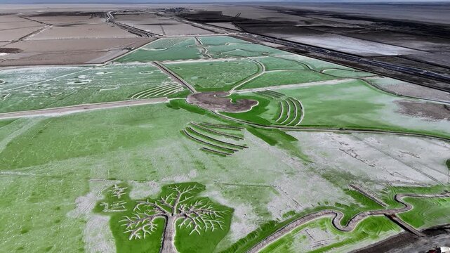 aerial view of green ecological landscape art on saline alkali land