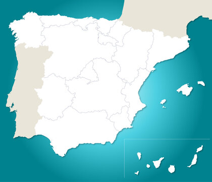 Spain and Portugal map vector with autonomous communities of Spain and regions of Portugal, including Balearic and Canary Islands on cyan gradient background