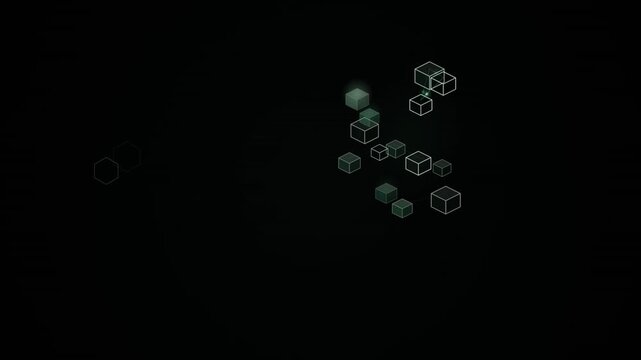 Dark digital loop background with floating wireframe cubes and glowing green geometric accents