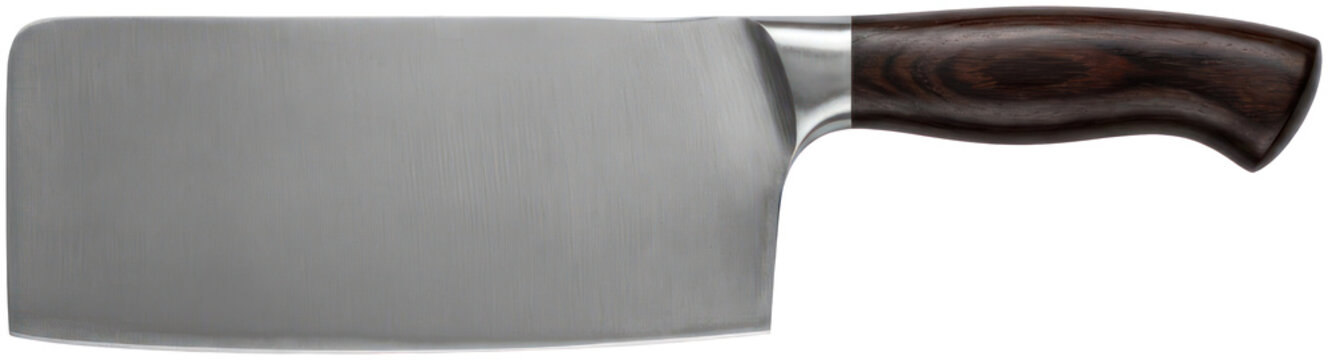 Large meat cleaver with dark wooden handle.