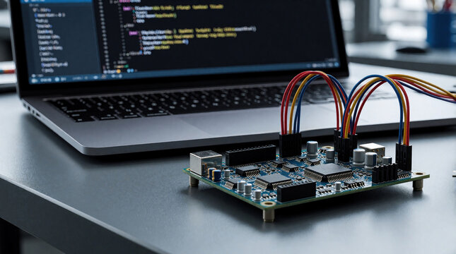 Engineer develops embedded system using microcontroller board, laptop. Developer writes code for hardware prototype on workstation. Electronic circuit with colorful jumper wires connects to computer