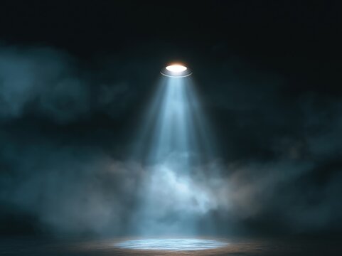 UFO hovering above foggy ground at night