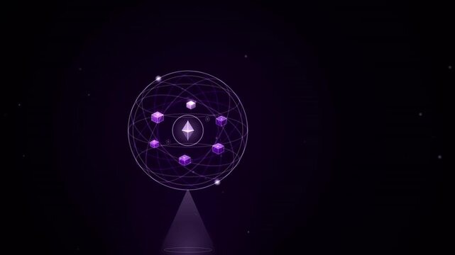Glowing purple geometric spheres form an abstract looping background overlay on a dark canvas.