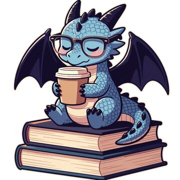Cute blue dragon wearing glasses sits on stack of books. Small mythical creature drinks hot coffee from paper cup in cozy atmosphere. Adorable fantasy character enjoys reading, relaxing with warm