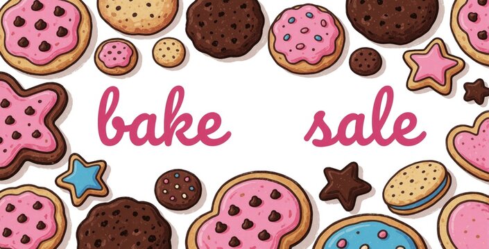 Cute hand-drawn cookies and text form a bake sale poster. Various treats with colorful icing and chocolate chips arranged around the words bake sale on a white background.